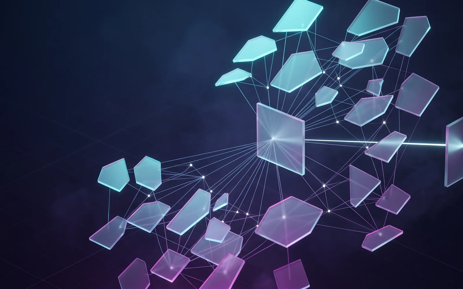 Abstract glass network of connected subscription nodes, one branch stopped at a closed barrier