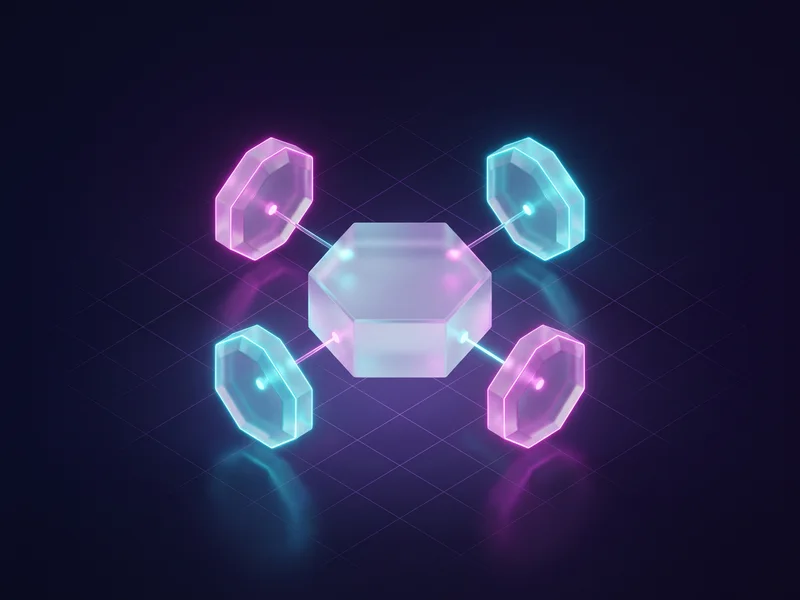 Frosted glass hub linked to four satellite nodes by glowing cyan and violet filaments