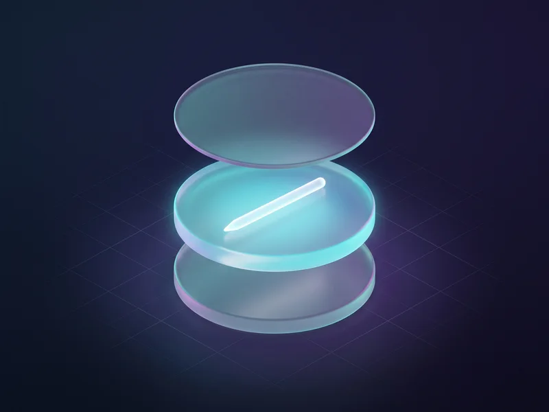 Three stacked frosted glass discs with only the middle one lit, a marker resting on it