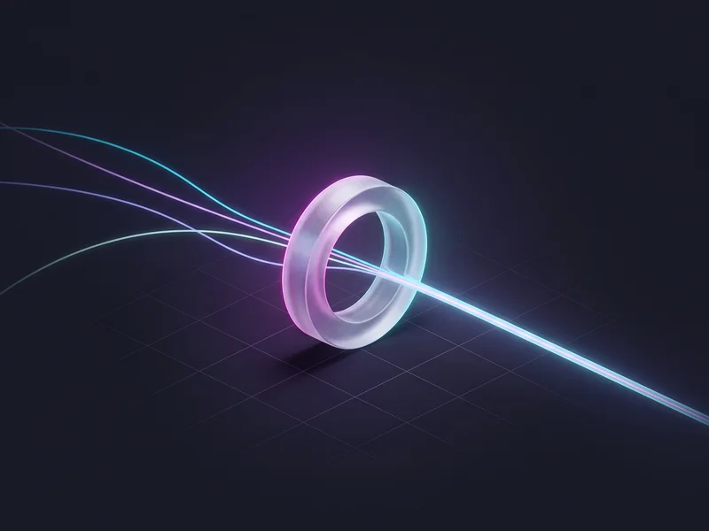 Three glowing filaments merging into one channel passing through a frosted glass ring