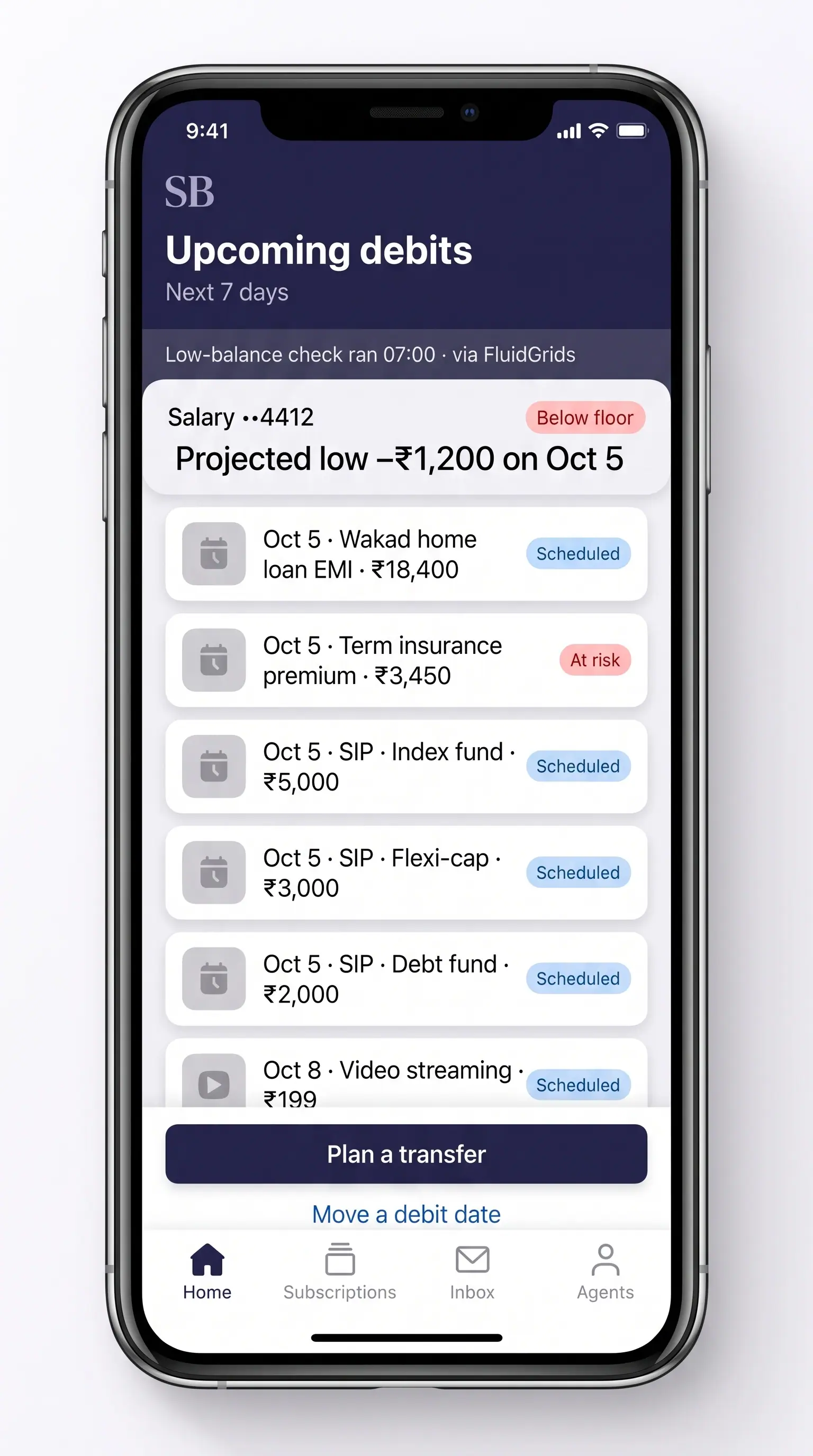 Concept illustration of a phone screen listing the next seven days of debits with a below-floor balance warning and an at-risk premium