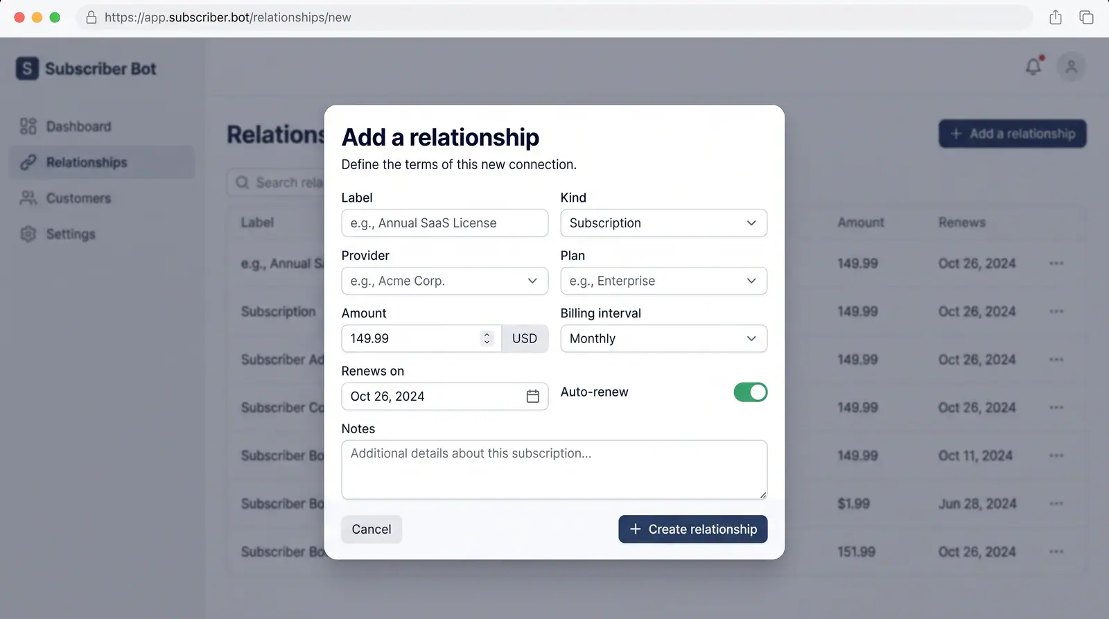 Concept illustration of an Add a relationship dialog with label, kind, provider, plan, amount, billing interval, renewal date, auto-renew and notes