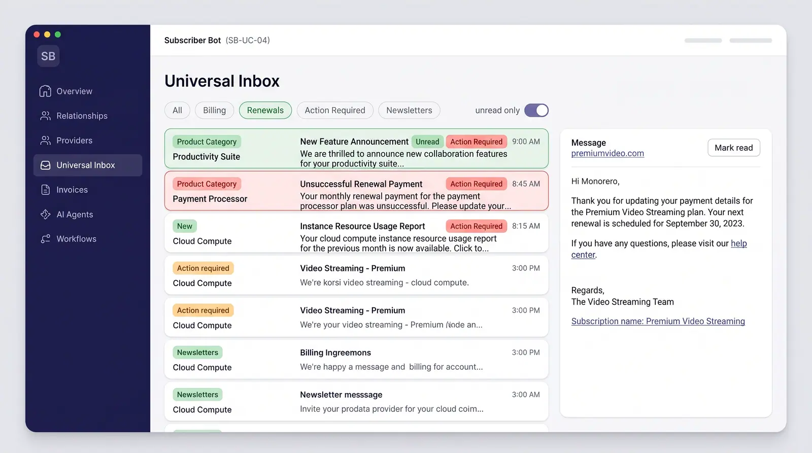 Concept illustration of a universal inbox with category filter chips, an unread-only switch, tagged messages and a reading pane