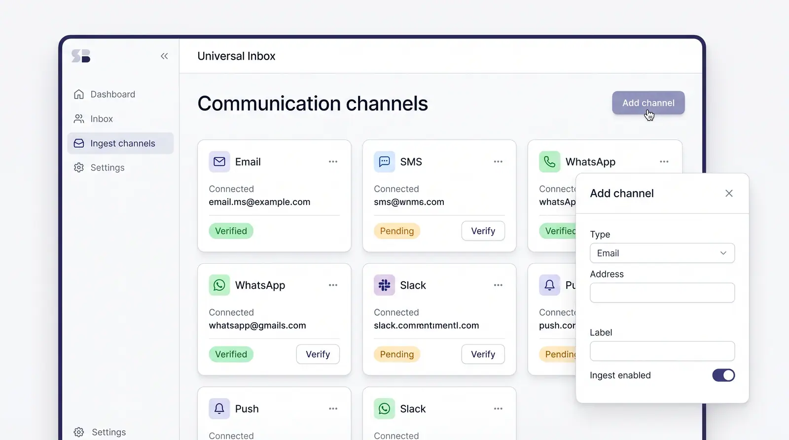 Concept illustration of communication channel cards marked Verified or Pending, with an Add channel panel for type, address, label and ingestion