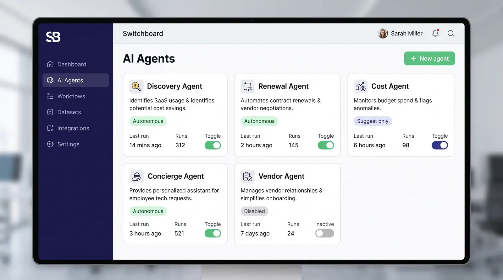 Concept illustration of an AI Agents page with cards for discovery, renewal, cost, concierge and vendor agents, each with a posture badge and toggle.