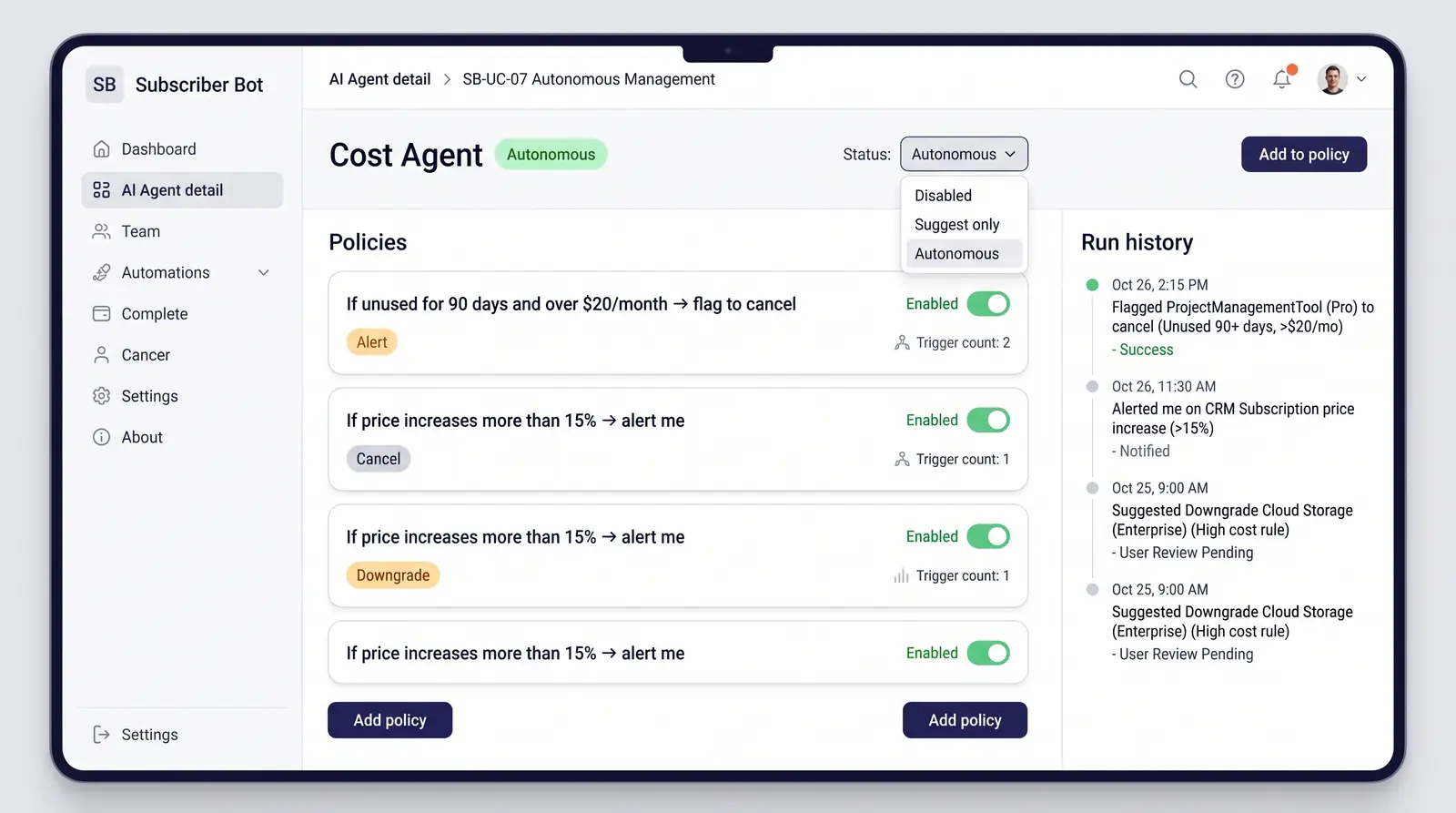 Concept illustration of an agent detail page with a status dropdown, conditional policy rules with enable toggles, and a run history timeline.