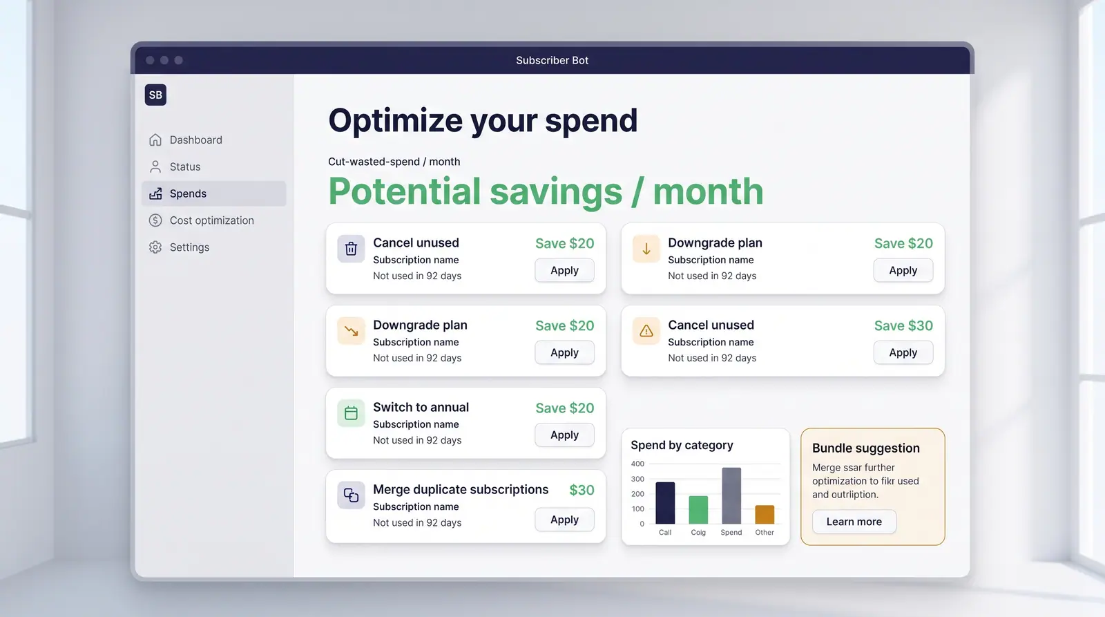 Concept illustration of a spend optimization page with savings cards to cancel, downgrade, switch to annual or merge, each with an apply action.