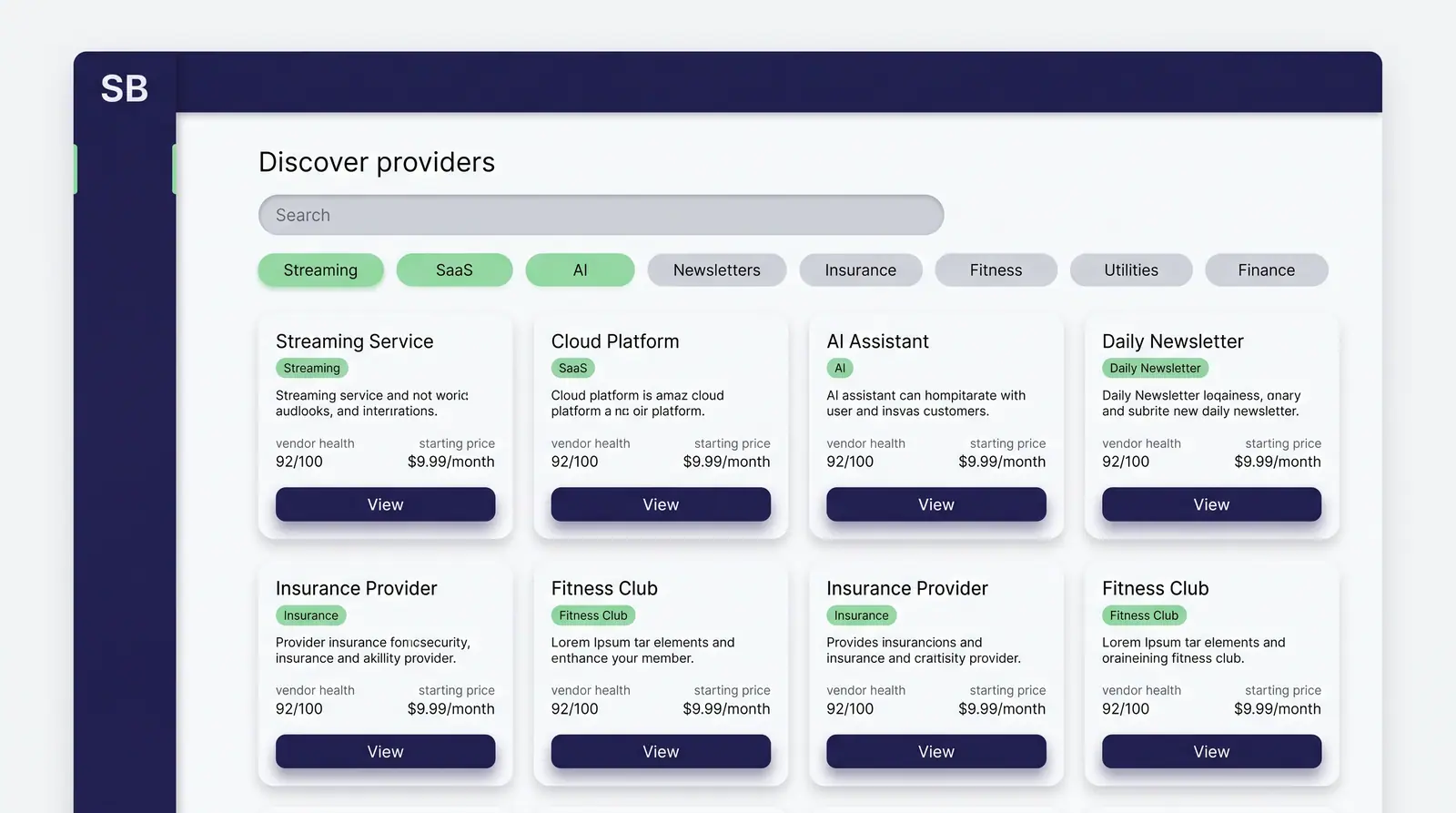 Concept illustration of a provider discovery page with a search bar, category chips and provider cards showing vendor health and starting price