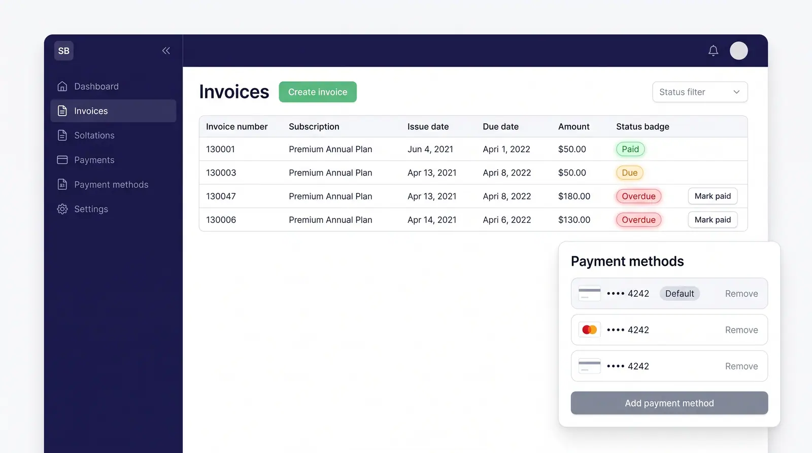 Concept illustration of an invoices table with paid, due and overdue badges and a payment methods panel with a default card