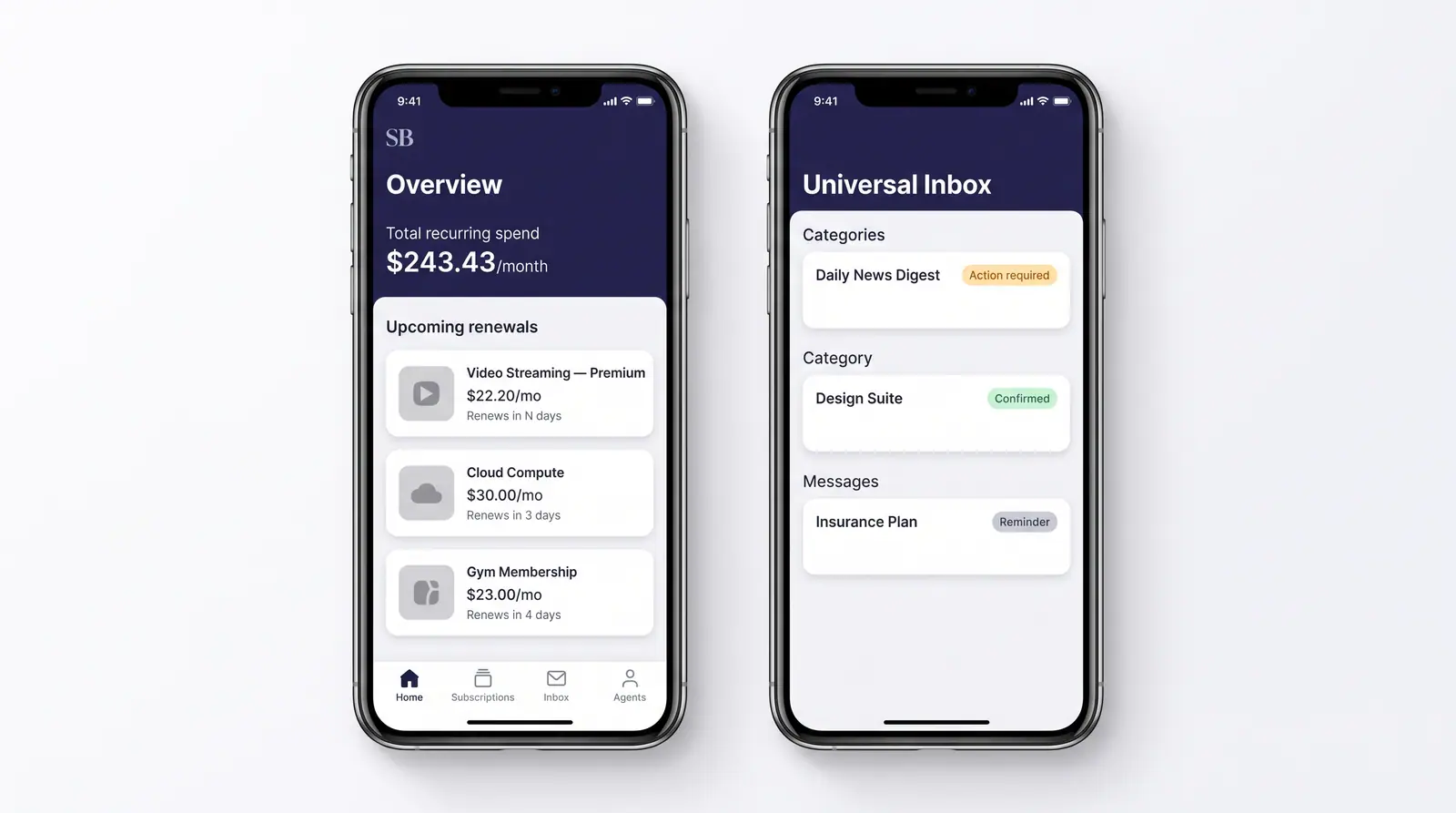 Concept illustration of two phone screens: an overview with monthly spend and renewal cards, and an inbox of messages tagged by status