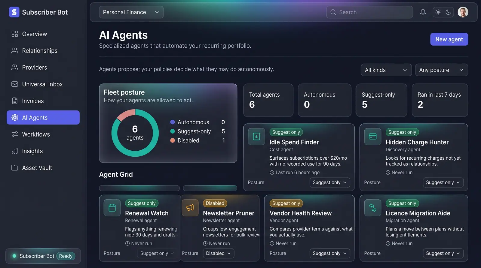 Concept illustration of a dark AI Agents page with a fleet posture donut, posture count tiles, kind and posture filters and an agent grid.