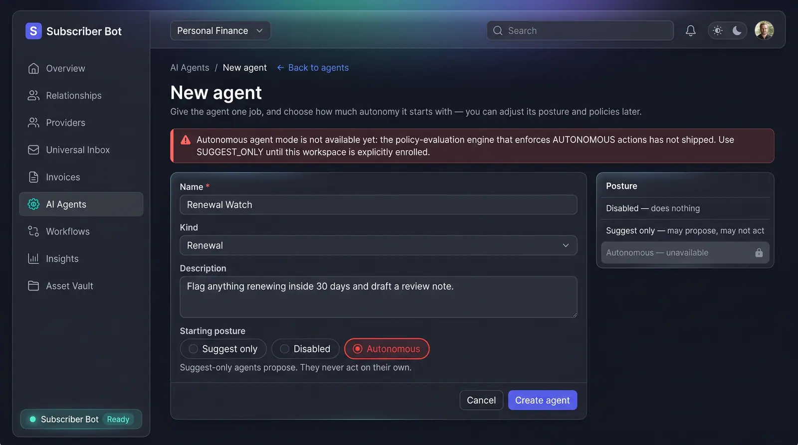 Concept illustration of a new agent form with a warning notice, name, kind and description fields, and a locked autonomous posture option.