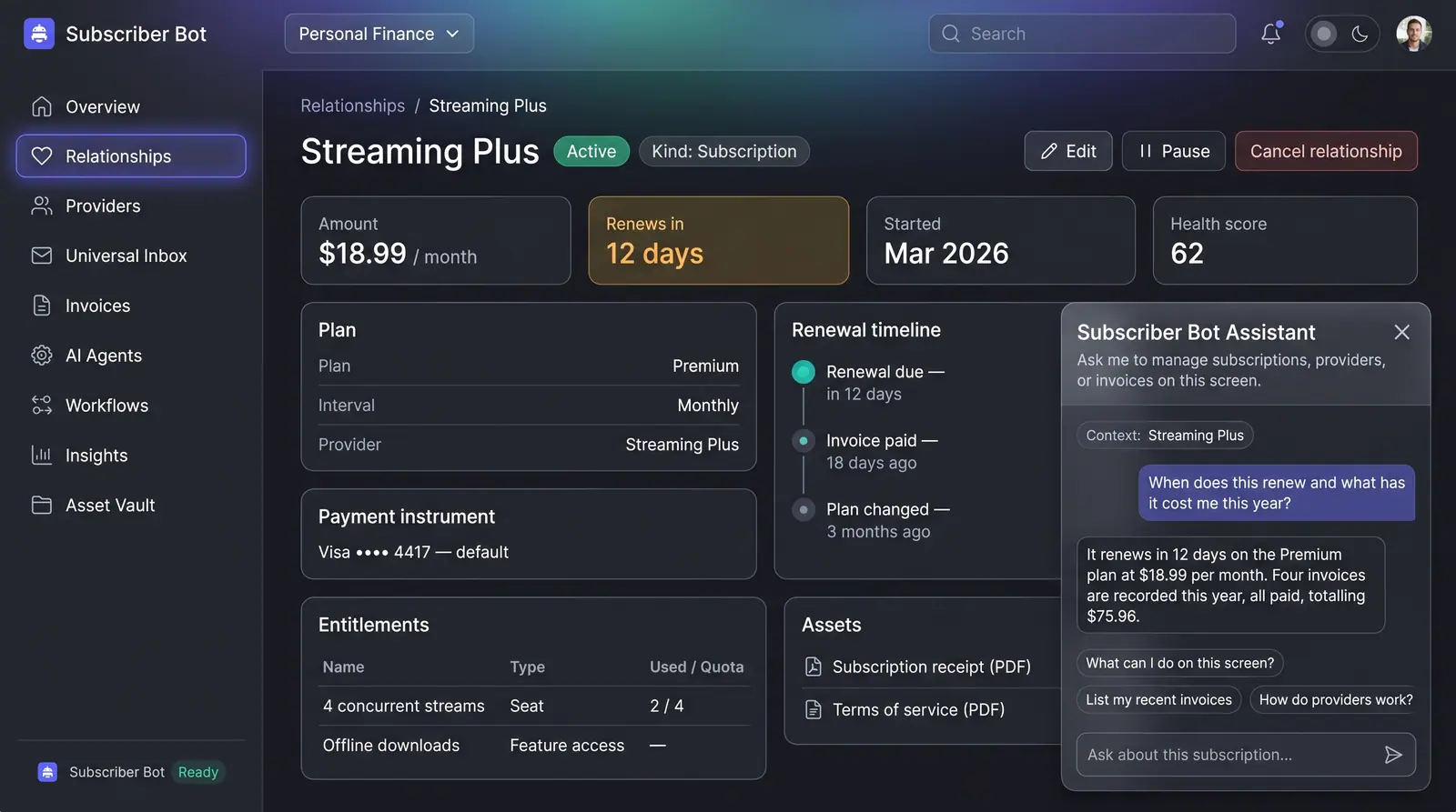 Concept illustration of a subscription detail page with an assistant panel answering when the subscription renews and what it has cost this year.