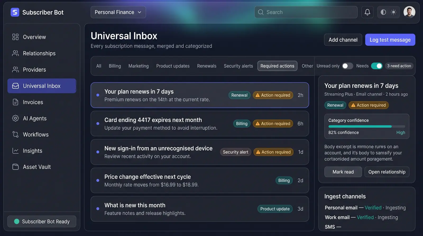 Concept illustration of an inbox triage view with category tabs, action-required flags, a category confidence bar and ingest channel status