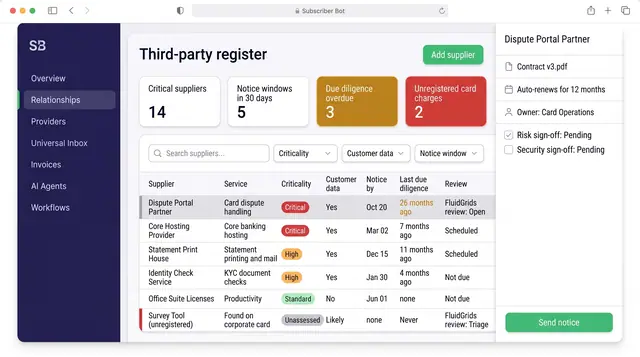 Concept illustration of a bank third-party register listing suppliers by criticality, customer data, notice date and due diligence