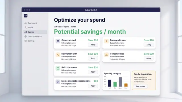 Concept illustration of a spend optimization page with savings cards to cancel, downgrade, switch to annual or merge, each with an apply action.