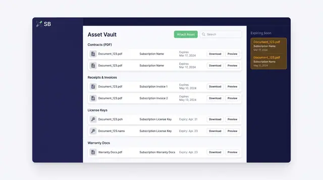 Concept illustration of an asset vault listing contracts, receipts, license keys and warranty documents with expiry dates and an expiring-soon rail